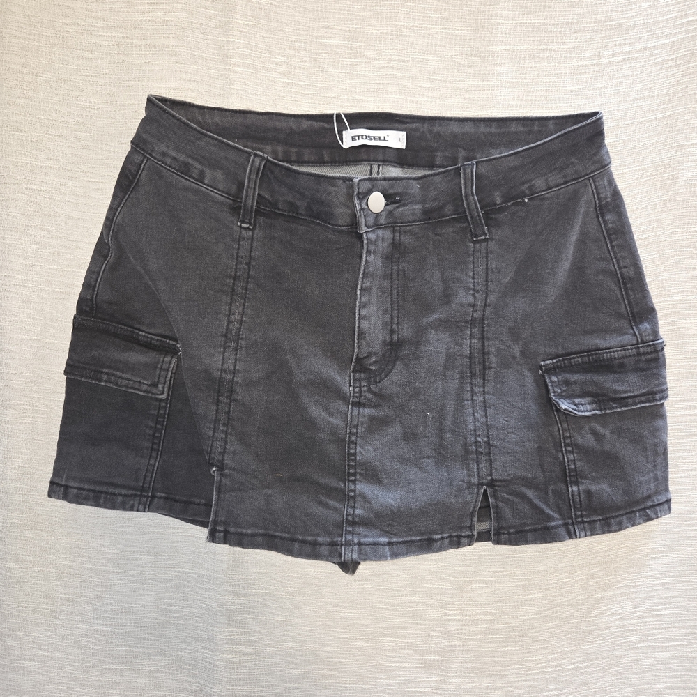 Etosel black Charcoal Denim Skort skirt shorts goth - Picture 6 of 8